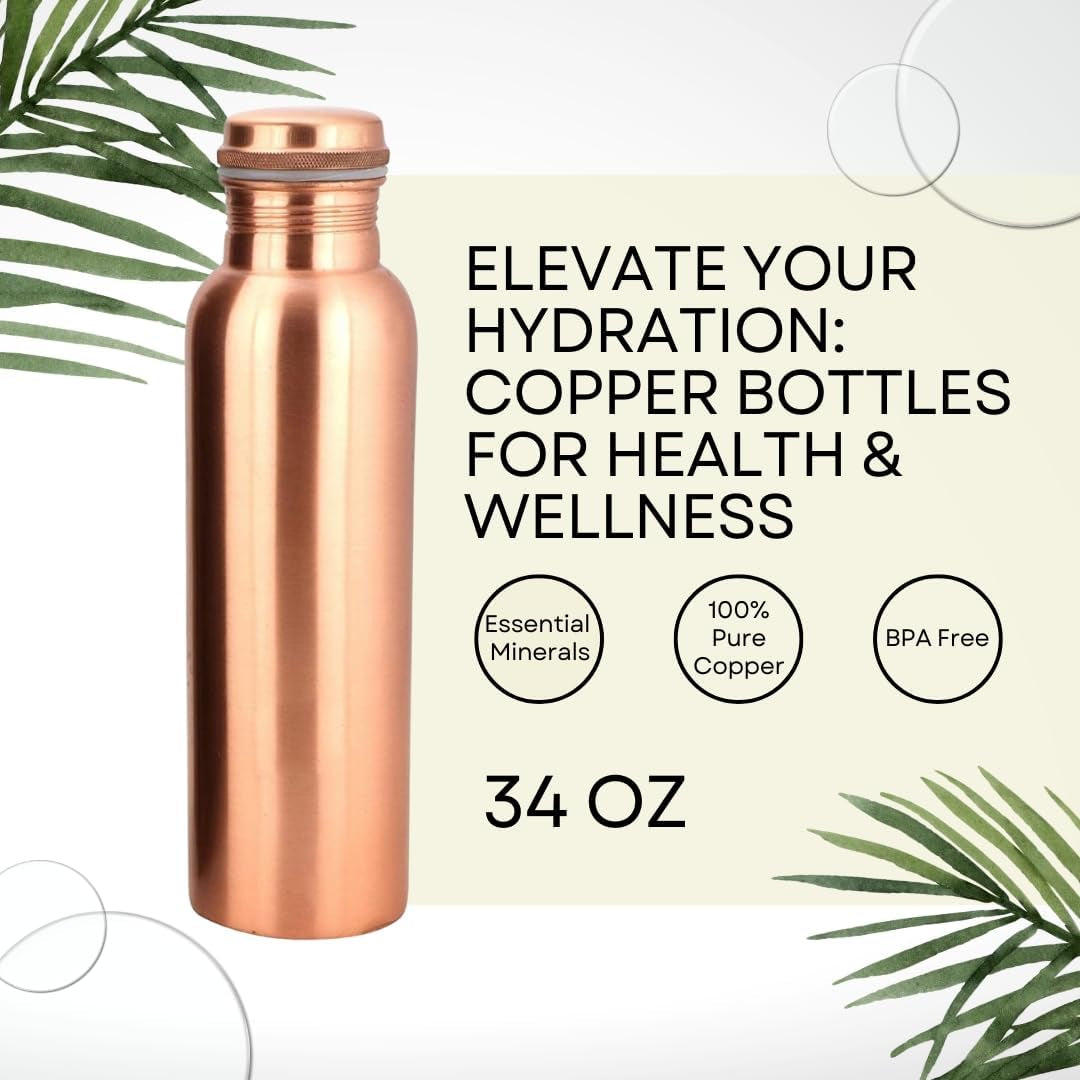 Copper Water Bottle 34 Oz Leak Proof 100% Pure - Ayurvedic Copper Vessel - Drink More Water and Enjoy the Health Benefits Immediately - for Gym, Yoga Bottle (Plain Bottle)