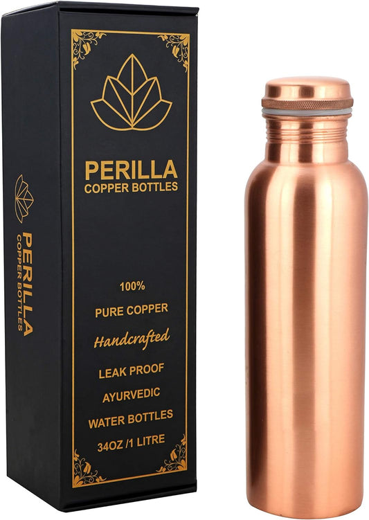 Copper Water Bottle 34 Oz Leak Proof 100% Pure - Ayurvedic Copper Vessel - Drink More Water and Enjoy the Health Benefits Immediately - for Gym, Yoga Bottle (Plain Bottle)