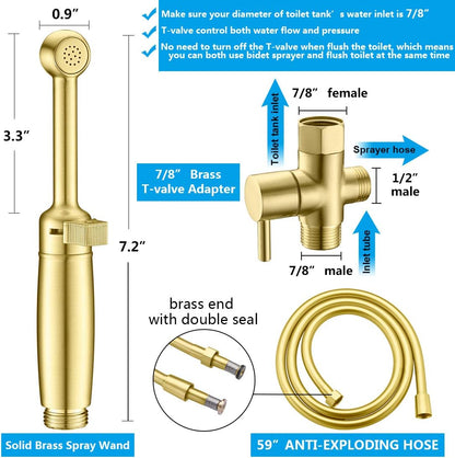 Handheld Bidet Sprayer for Toilet,  Cloth Diaper Sprayer for Toilet Water Sprayer with Anti-High Water Pressure + Adjustable Pressure Control 5-Year Warranty(Gold Solid Brass)