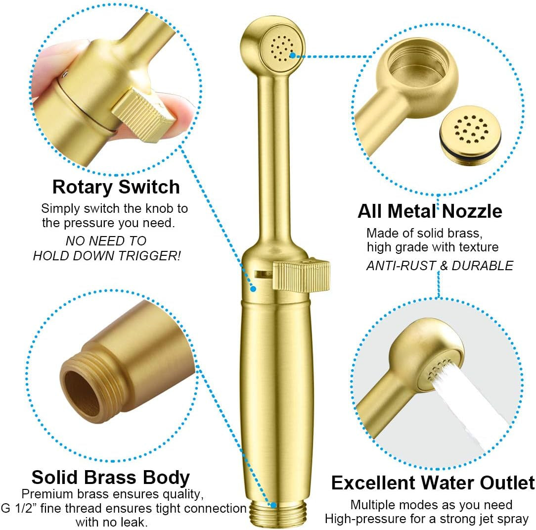 Handheld Bidet Sprayer for Toilet,  Cloth Diaper Sprayer for Toilet Water Sprayer with Anti-High Water Pressure + Adjustable Pressure Control 5-Year Warranty(Gold Solid Brass)