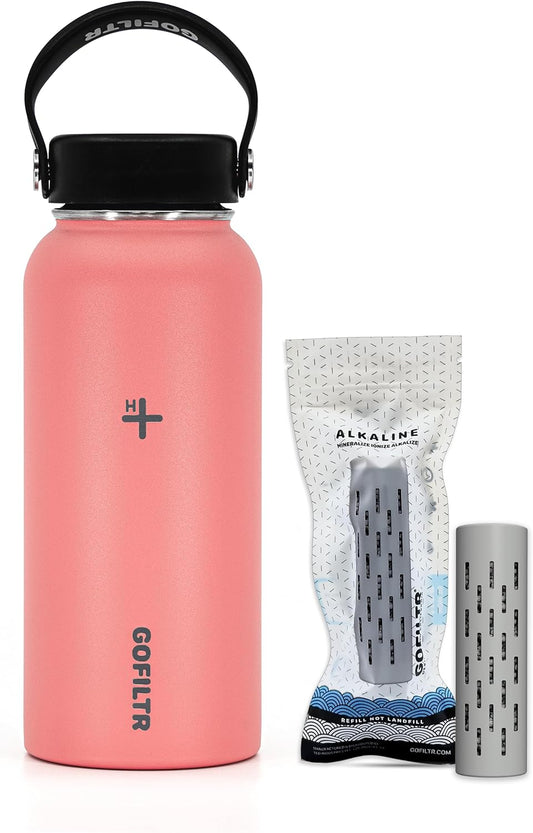 32 Oz Alkaline Water Bottle + 1 Alkaline Water Infuser 9.5 Ph/Insulated Water Bottle That Creates Alkaline Water/Sport Water Jug, Color: Coral