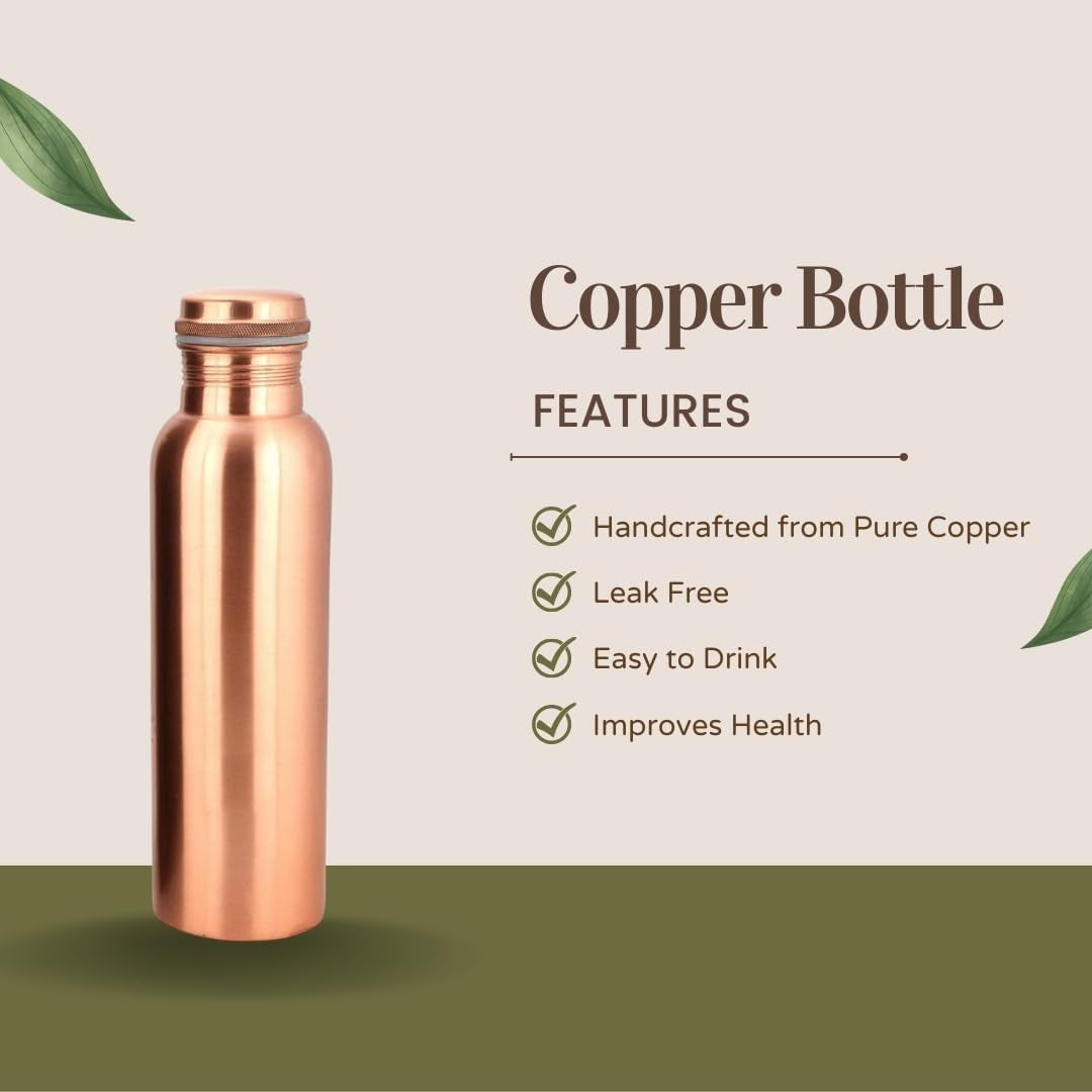 Copper Water Bottle 34 Oz Leak Proof 100% Pure - Ayurvedic Copper Vessel - Drink More Water and Enjoy the Health Benefits Immediately - for Gym, Yoga Bottle (Plain Bottle)